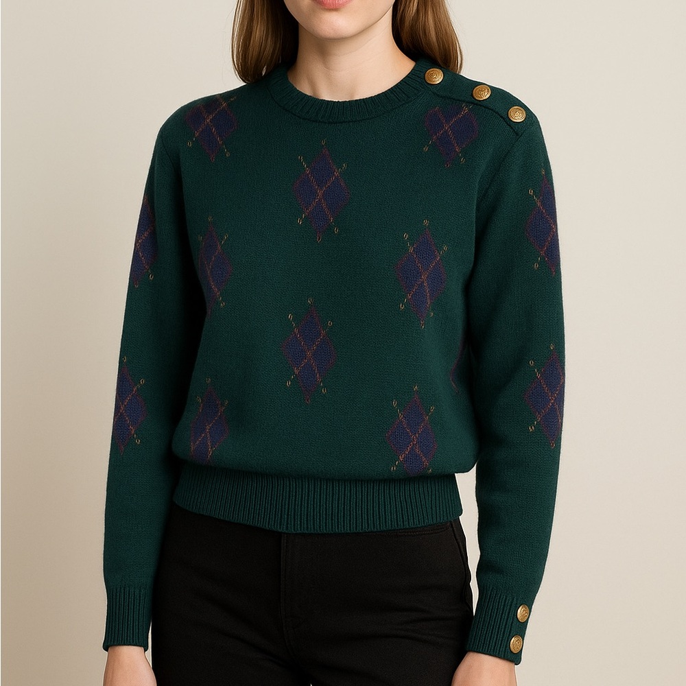 Vintage JH Collectibles Wool Sweater | Gold Crest Buttons | Tartan Argyle |